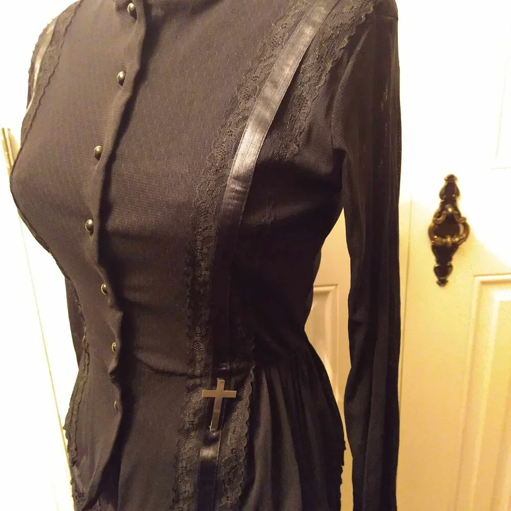 Vintage Lace Blouse w Metal Crosses, Ruffled Collar & Cuffs, Polka Dots OOAK - Picture 5 of 8